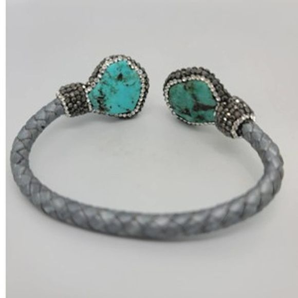 Turquoise & Round Crystal Woven Silver Cord Cuff - Picture 9 of 10